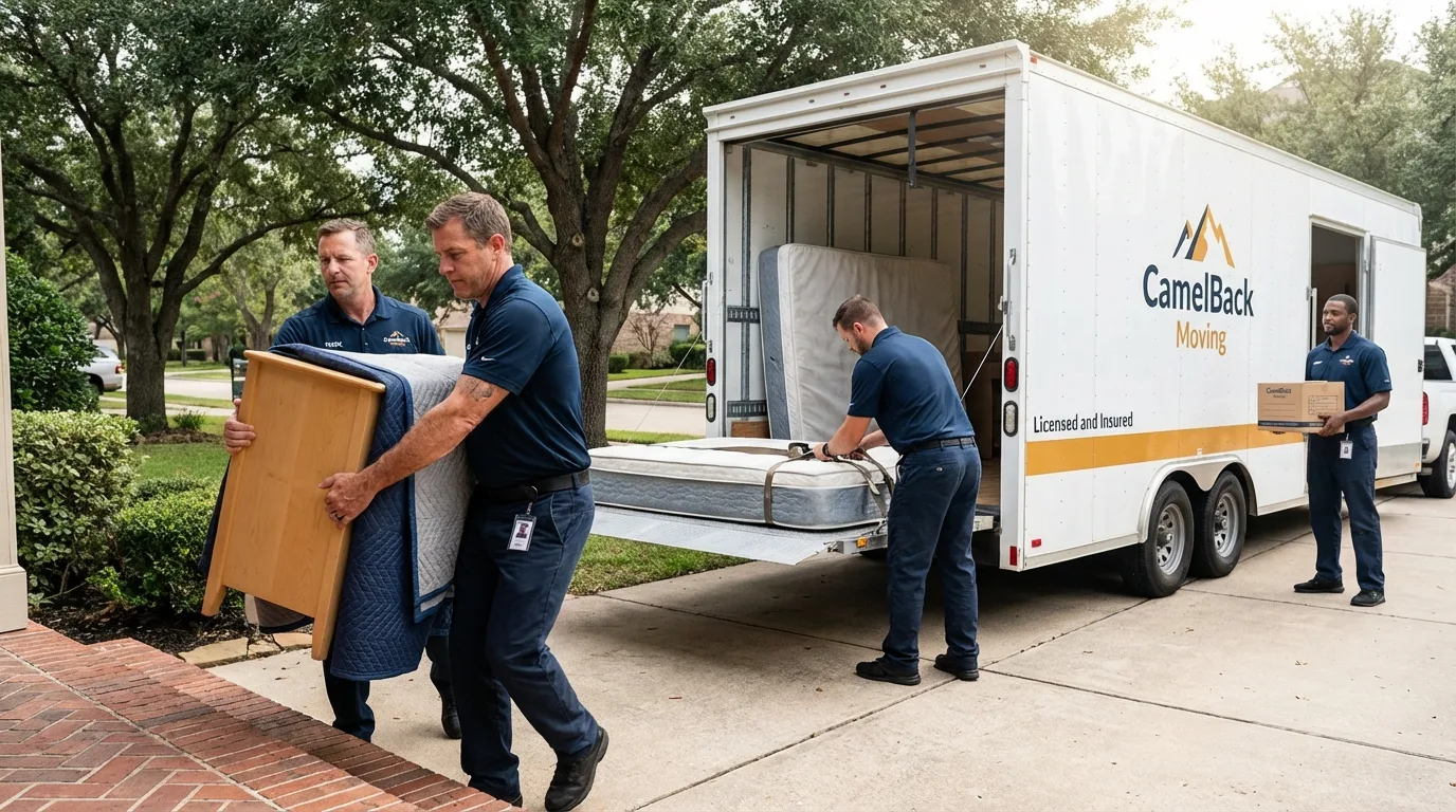 Crew loading residential truck for cross-state move from Bonita, CA