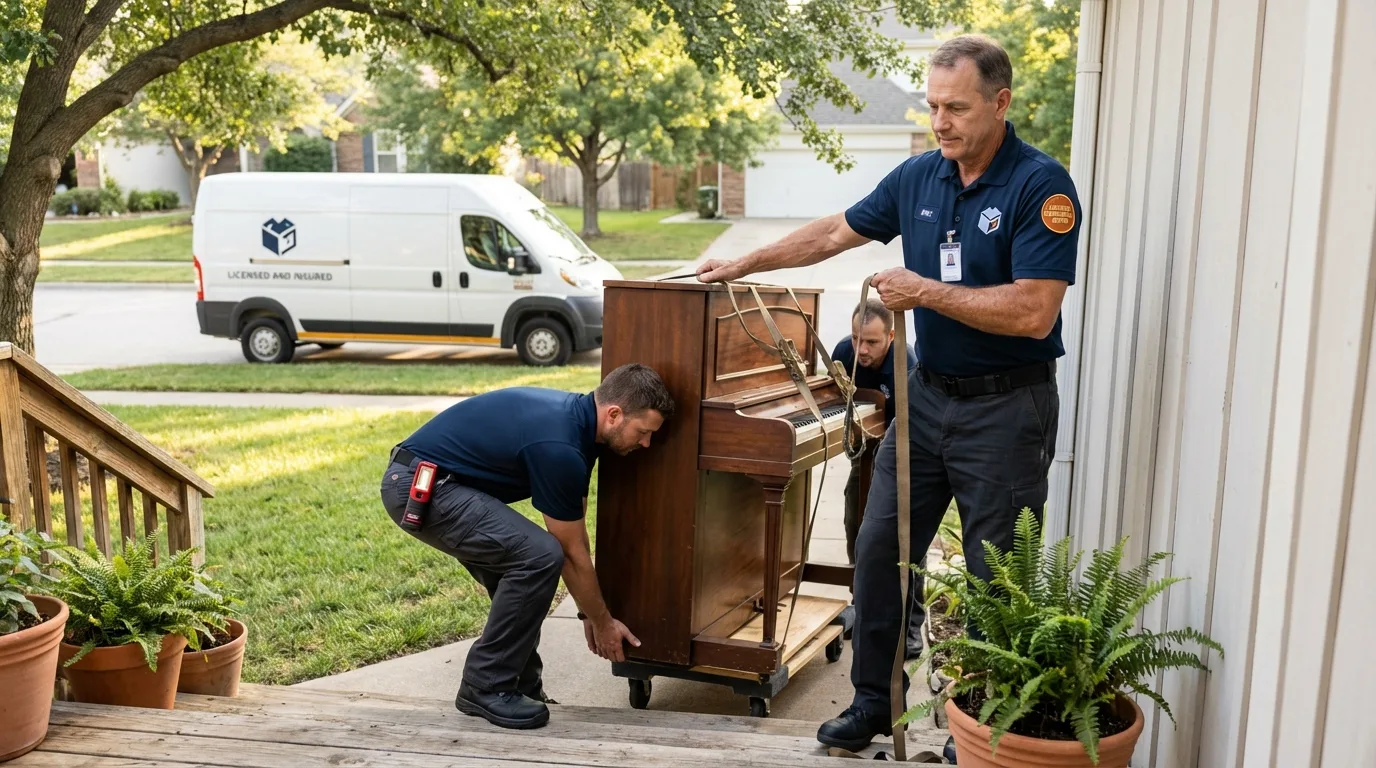 Licensed piano movers securing grand piano in Bonita, CA