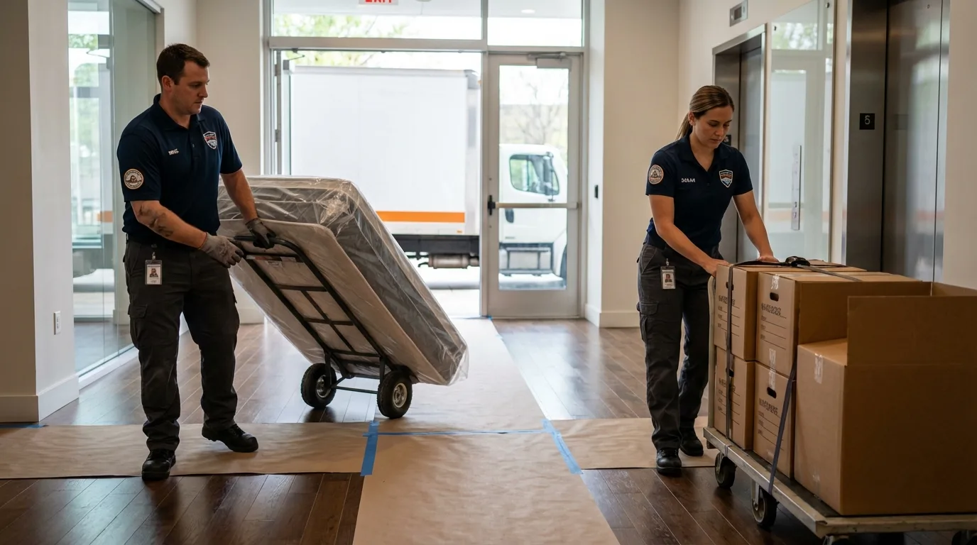 Professional apartment movers loading elevator in Bonita, CA